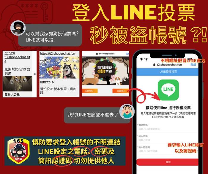 登入Line投票，秒被盜帳號。圖片